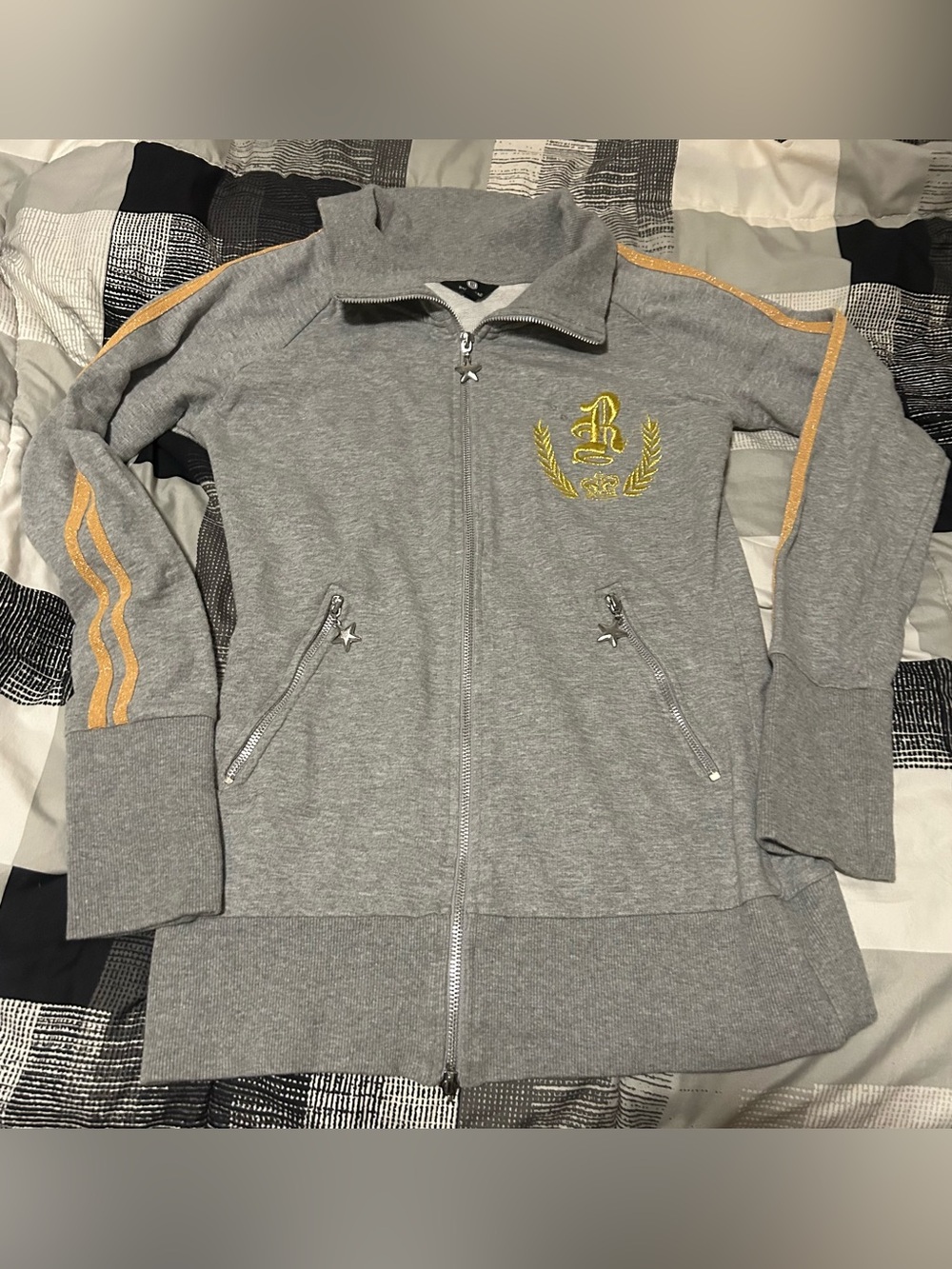 Grey  Sweater Jacket with Gold Emblem and Stripe Detail 🫶